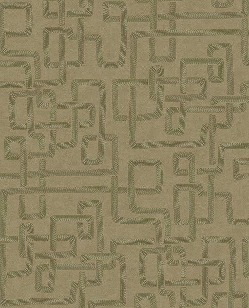 Stitched Maze wallpaper by Eijffinger, green stitched maze pattern on warm taupe, shown as a flat swatch