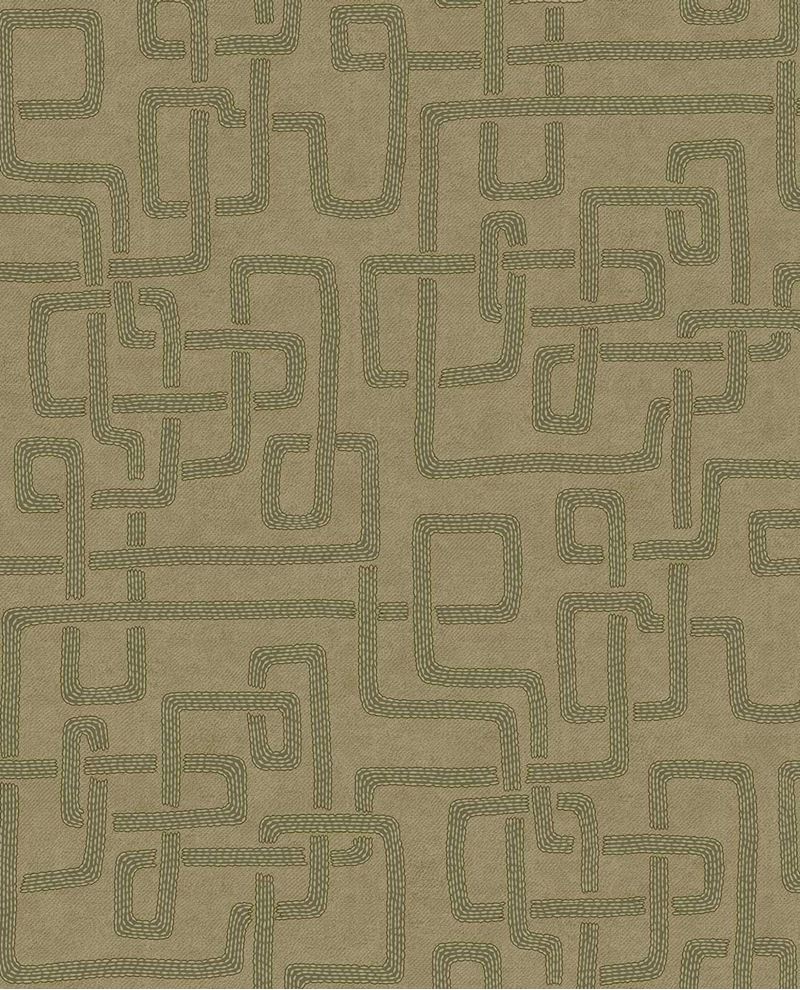 Stitched Maze wallpaper by Eijffinger, green stitched maze pattern on warm taupe, shown as a flat swatch