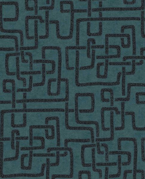 Stitched Maze wallpaper by Eijffinger, black stitched maze motif on teal blue, shown as a flat swatch