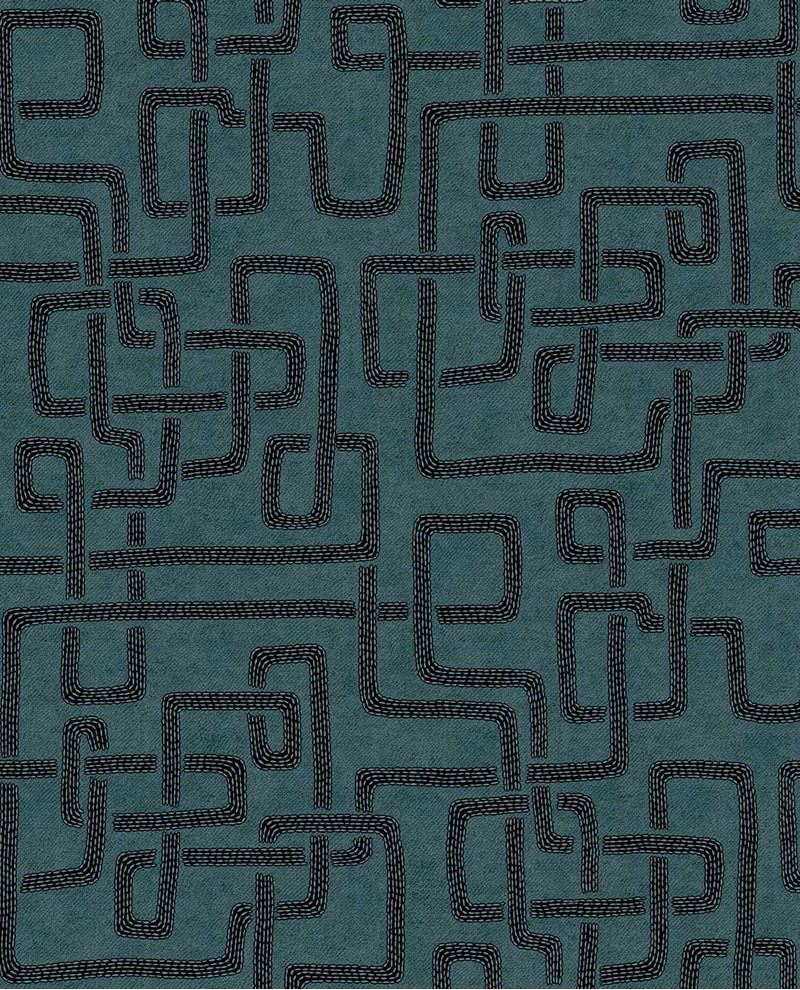 Stitched Maze wallpaper by Eijffinger, black stitched maze motif on teal blue, shown as a flat swatch