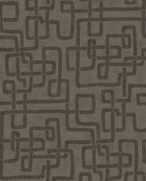 Stitched Maze wallpaper by Eijffinger, dark embroidered maze pattern on charcoal grey, shown as a flat swatch