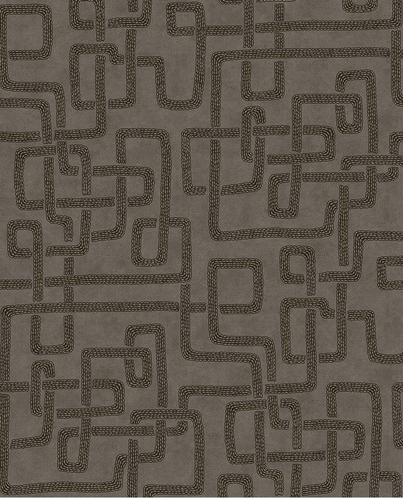 Stitched Maze wallpaper by Eijffinger, dark embroidered maze pattern on charcoal grey, shown as a flat swatch