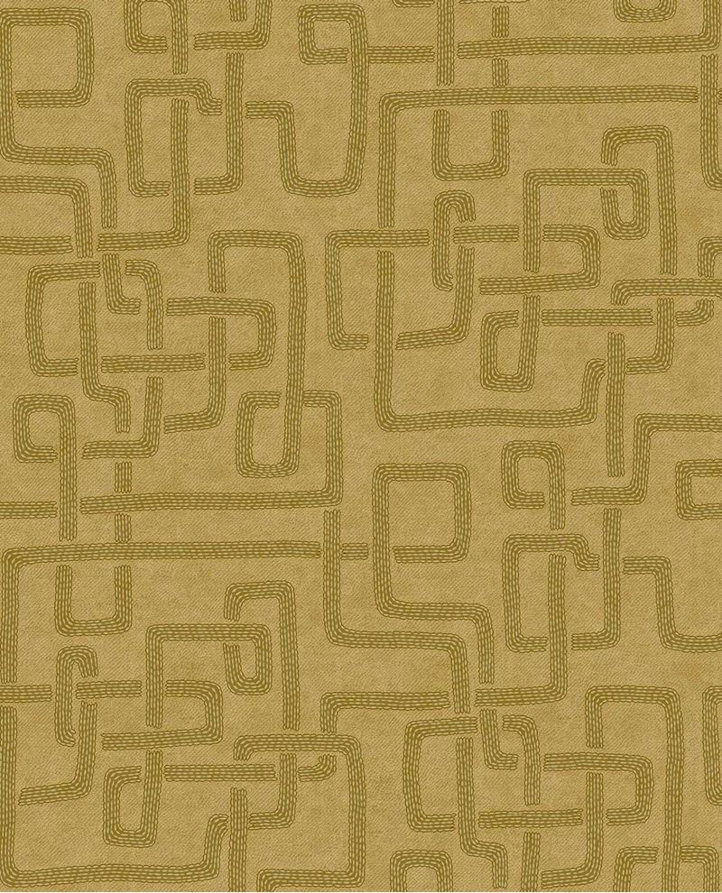 Stitched Maze wallpaper by Eijffinger, olive stitched maze motif on mustard gold, shown as a flat swatch