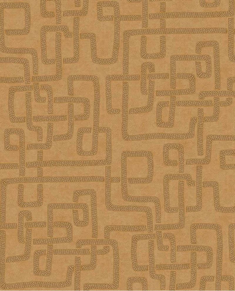 Stitched Maze wallpaper by Eijffinger, embroidered maze pattern in tonal caramel and ochre, shown as a flat swatch