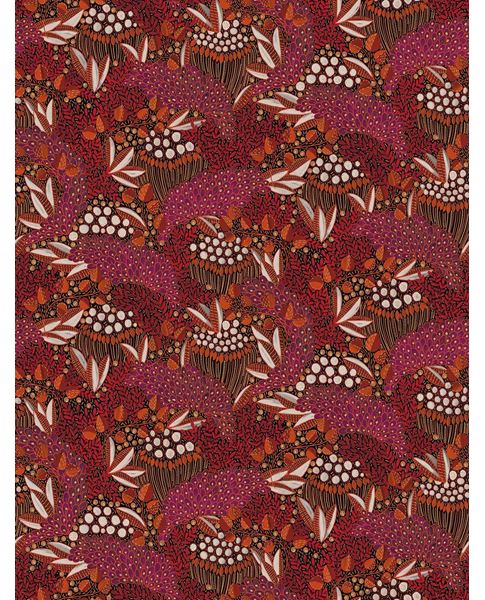Wildflower Mural wall mural by Eijffinger in deep burgundy and red, dense botanical pattern of dotted seedheads, berries and leaves, flat swatch