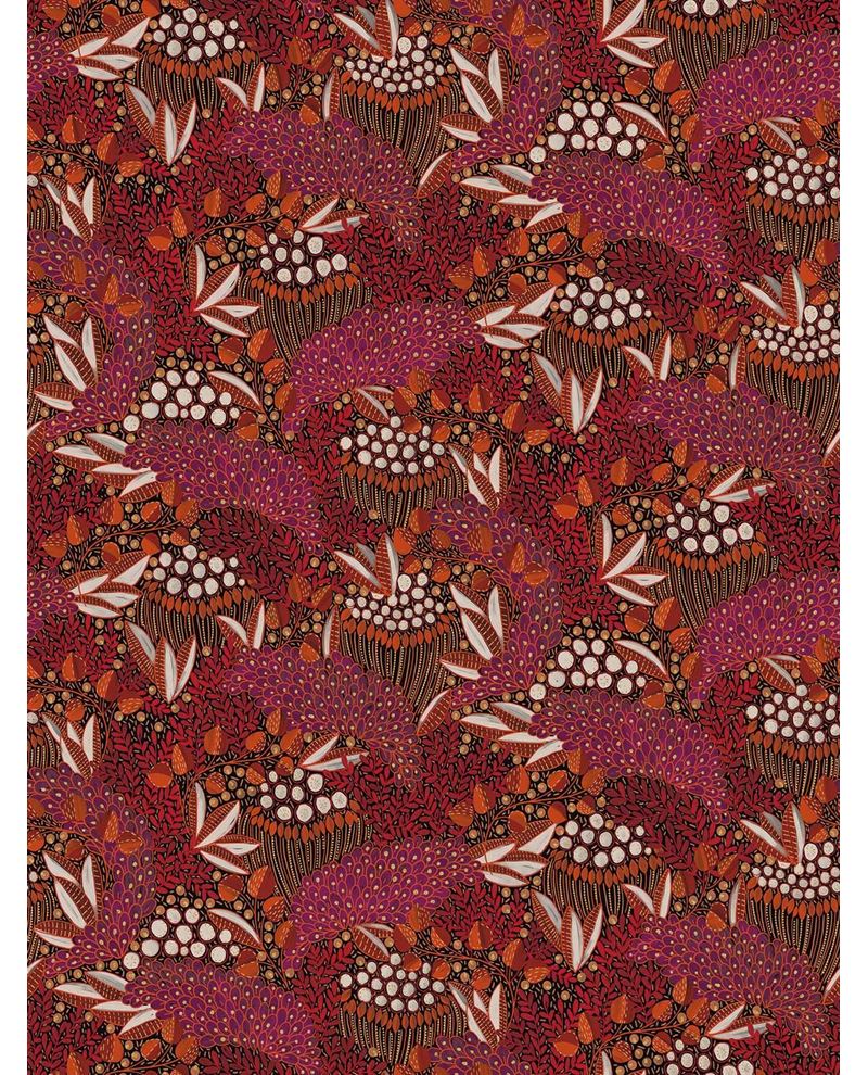 Wildflower Mural wall mural by Eijffinger in deep burgundy and red, dense botanical pattern of dotted seedheads, berries and leaves, flat swatch