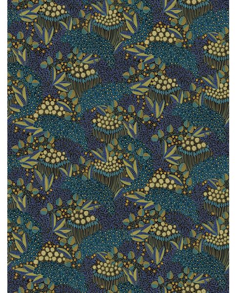 Wildflower Mural wall mural by Eijffinger in navy blue, teal and ochre, packed wildflower seedhead and foliage design, flat swatch