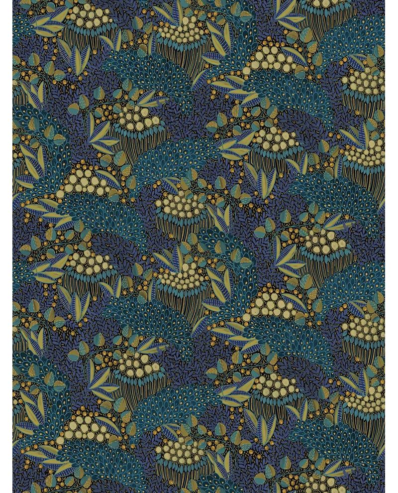 Wildflower Mural wall mural by Eijffinger in navy blue, teal and ochre, packed wildflower seedhead and foliage design, flat swatch