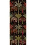 Palm Grove Mural wall mural by Eijffinger, rows of stylised palm trees in red, orange and green on a black ground, flat swatch
