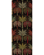 Palm Grove Mural wall mural by Eijffinger, rows of stylised palm trees in red, orange and green on a black ground, flat swatch