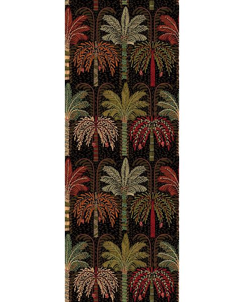 Palm Grove Mural wall mural by Eijffinger, rows of stylised palm trees in red, orange and green on a black ground, flat swatch