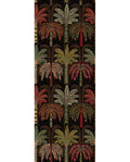 Palm Grove Mural wall mural by Eijffinger, rows of stylised palm trees in red, orange and green on a black ground, flat swatch