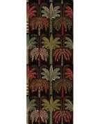 Palm Grove Mural wall mural by Eijffinger, rows of stylised palm trees in red, orange and green on a black ground, flat swatch