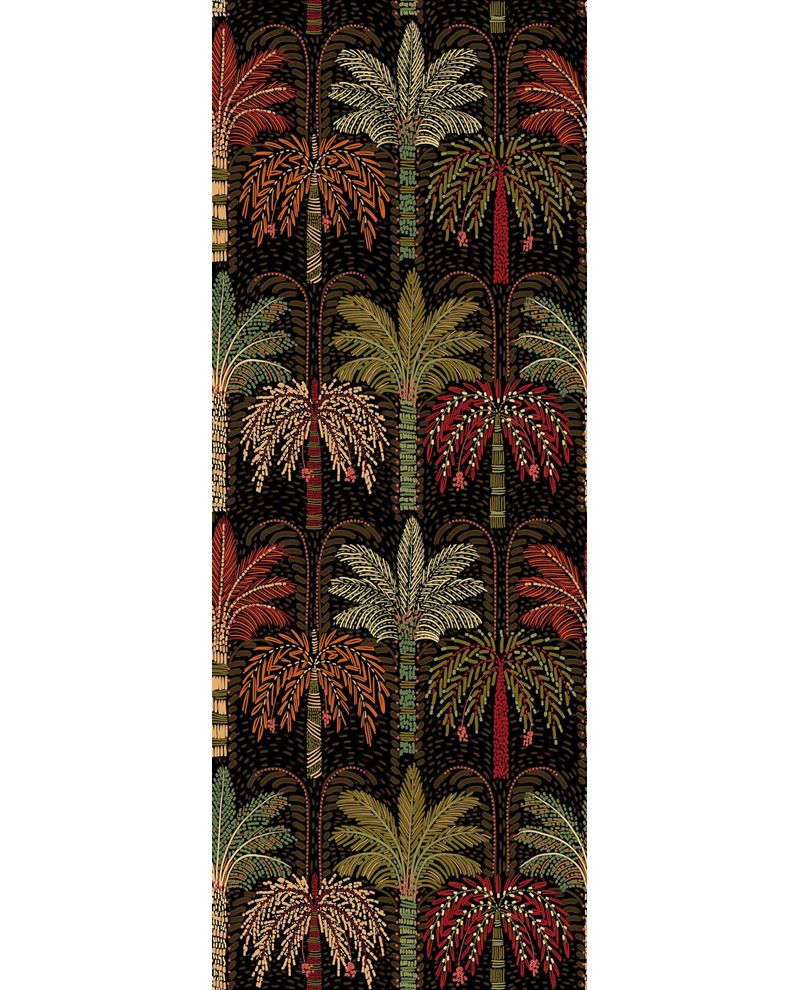 Palm Grove Mural wall mural by Eijffinger, rows of stylised palm trees in red, orange and green on a black ground, flat swatch