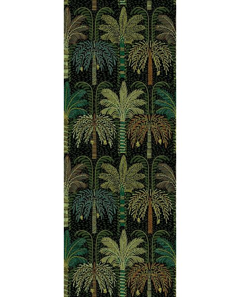 Palm Grove Mural wall mural by Eijffinger, repeating palm trees in teal, olive and gold on a dark green and black ground, flat swatch