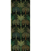Palm Grove Mural wall mural by Eijffinger, repeating palm trees in teal, olive and gold on a dark green and black ground, flat swatch