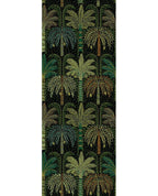 Palm Grove Mural wall mural by Eijffinger, repeating palm trees in teal, olive and gold on a dark green and black ground, flat swatch