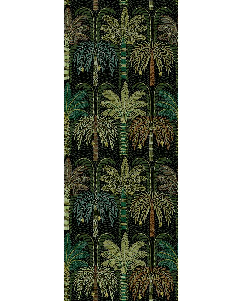 Palm Grove Mural wall mural by Eijffinger, repeating palm trees in teal, olive and gold on a dark green and black ground, flat swatch