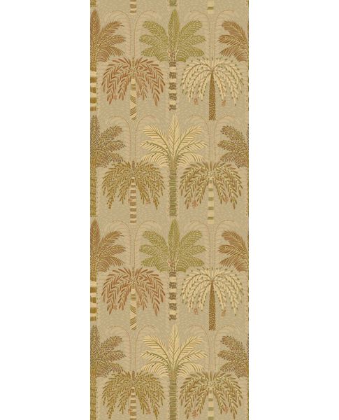Palm Grove Mural wall mural by Eijffinger, rows of palm trees in olive green and terracotta on a warm sand background, flat swatch