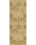 Palm Grove Mural wall mural by Eijffinger, rows of palm trees in olive green and terracotta on a warm sand background, flat swatch