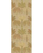 Palm Grove Mural wall mural by Eijffinger, rows of palm trees in olive green and terracotta on a warm sand background, flat swatch