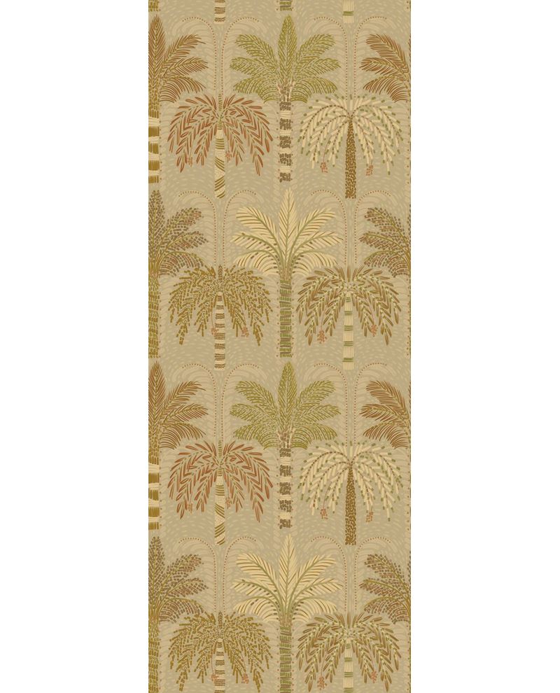 Palm Grove Mural wall mural by Eijffinger, rows of palm trees in olive green and terracotta on a warm sand background, flat swatch