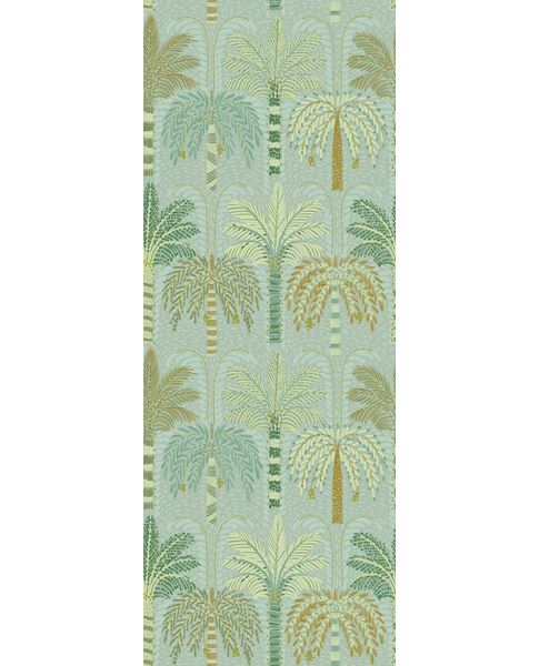 Palm Grove Mural wall mural by Eijffinger, palm trees in green and gold on a soft sage duck-egg ground, flat swatch