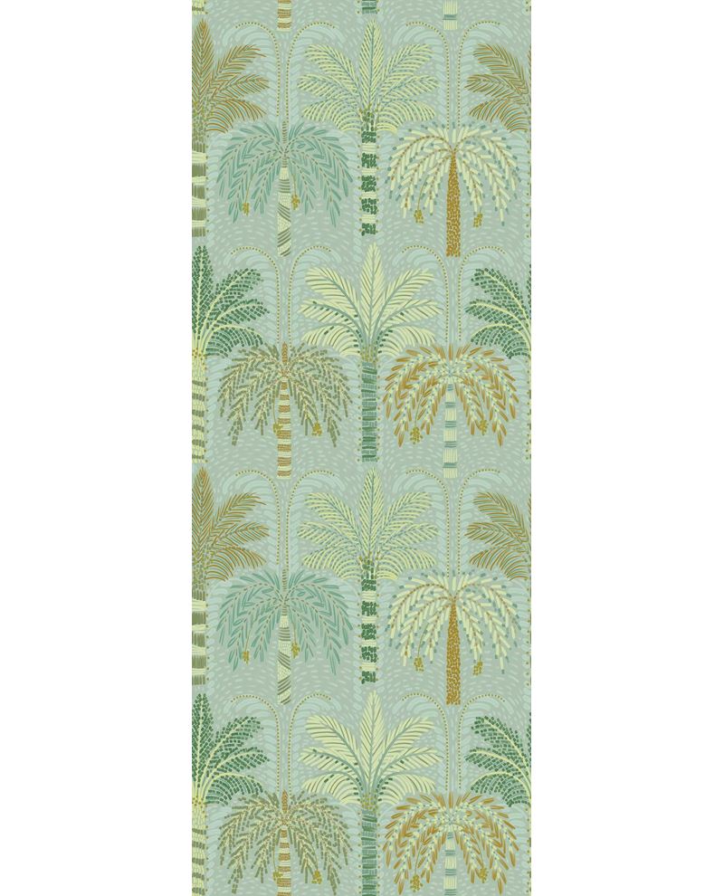 Palm Grove Mural wall mural by Eijffinger, palm trees in green and gold on a soft sage duck-egg ground, flat swatch