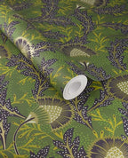 Banksia Bloom wallpaper by Eijffinger in forest green with chartreuse and aubergine thistle blooms, shown on a curled swatch