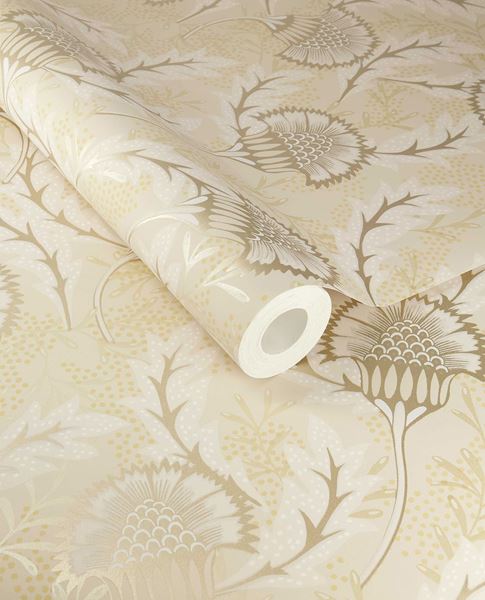 Banksia Bloom wallpaper by Eijffinger, cream and soft gold thistle floral motif shown on a partially unrolled swatch