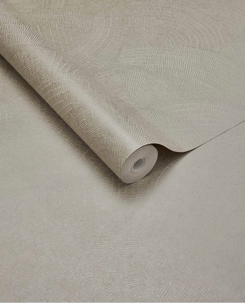 Scallop Fan wallpaper by Eijffinger, flat roll swatch in soft cream with a tonal fanned scallop arc pattern