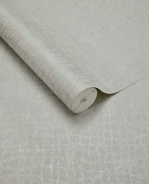 Burnished Weave wallpaper by Eijffinger, partly unrolled roll in pale silvery grey with a shimmering woven texture