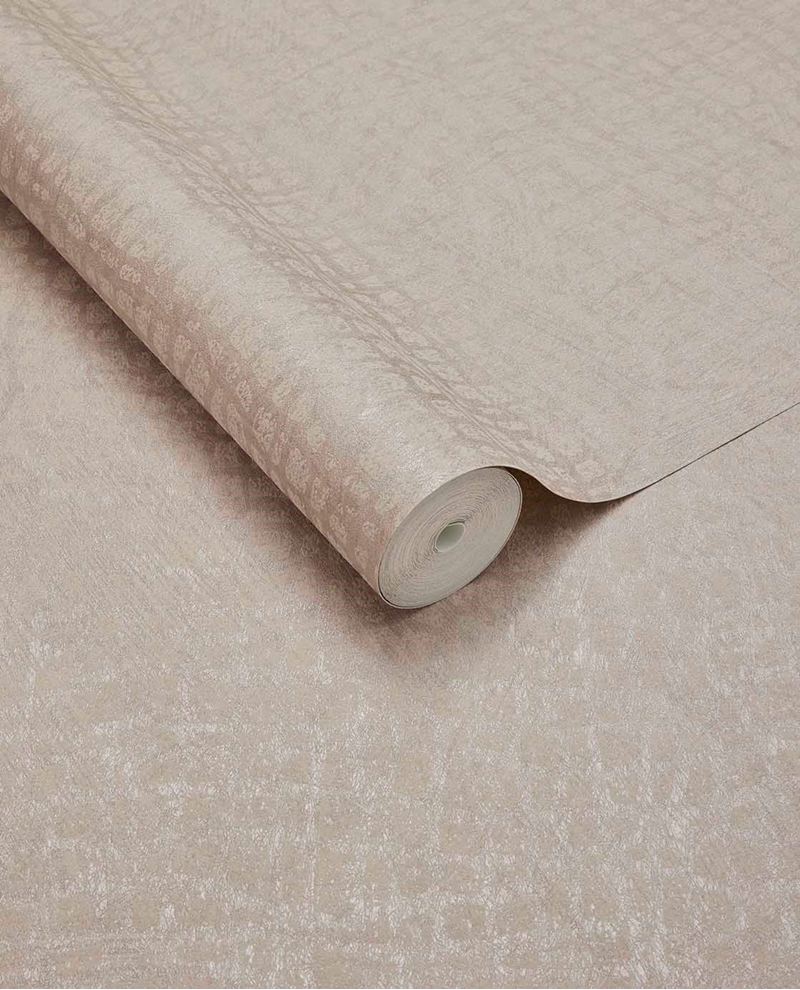 Burnished Weave wallpaper by Eijffinger, unrolled roll in soft blush taupe with a shimmering woven texture