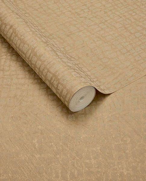 Burnished Weave wallpaper by Eijffinger, unrolled roll in warm golden sand with a metallic woven texture