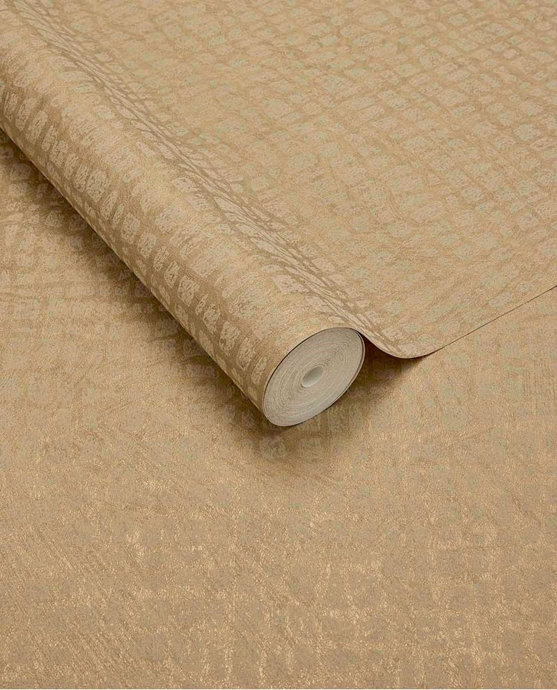 Burnished Weave wallpaper by Eijffinger, unrolled roll in warm golden sand with a metallic woven texture