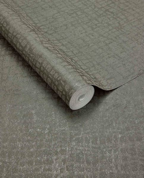 Burnished Weave wallpaper by Eijffinger, unrolled roll in deep olive grey with a shimmering woven texture