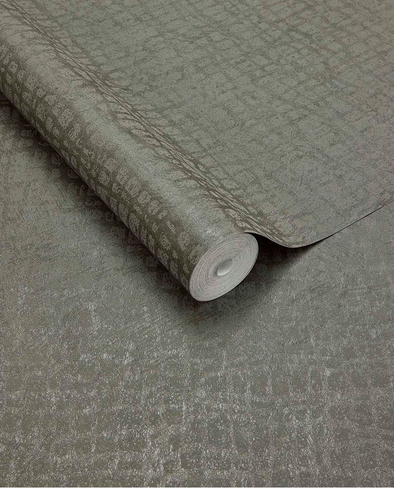 Burnished Weave wallpaper by Eijffinger, unrolled roll in deep olive grey with a shimmering woven texture