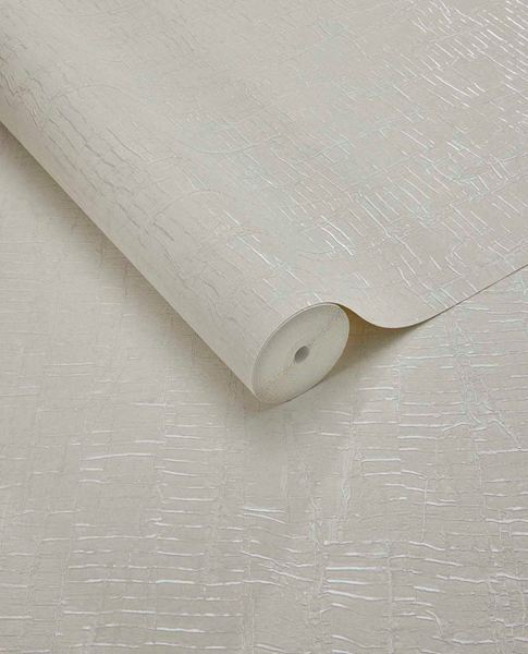 Bark Wash wallpaper by Eijffinger, rolled swatch in soft grey-white with a textured bark-like crackle finish and pearly sheen