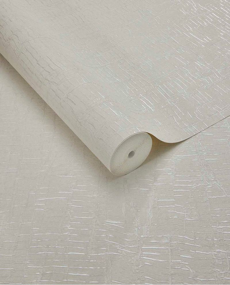 Bark Wash wallpaper by Eijffinger, rolled swatch in soft grey-white with a textured bark-like crackle finish and pearly sheen