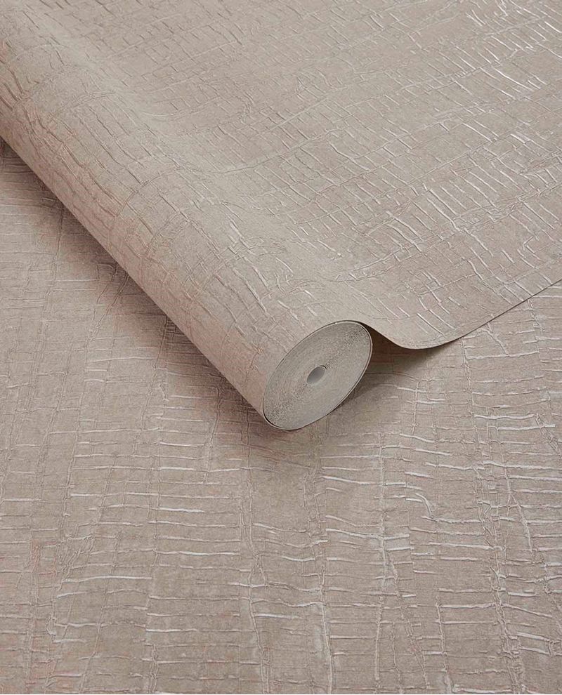 Bark Wash wallpaper by Eijffinger, rolled swatch in soft blush taupe with subtle pink undertones and crackle texture