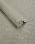 Bark Wash wallpaper by Eijffinger, rolled swatch in muted olive-tinged taupe with shimmering bark crackle texture