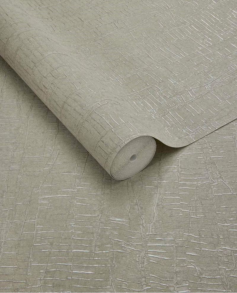 Bark Wash wallpaper by Eijffinger, rolled swatch in muted olive-tinged taupe with shimmering bark crackle texture
