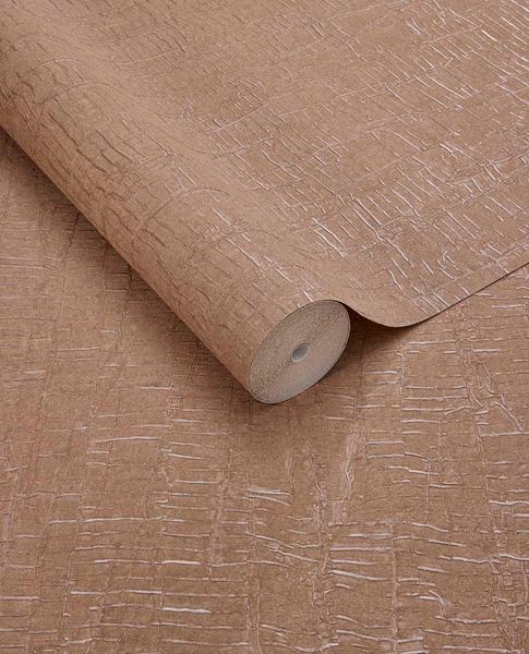 Bark Wash wallpaper by Eijffinger, rolled swatch in warm terracotta tan with a metallic bark-effect crackle texture