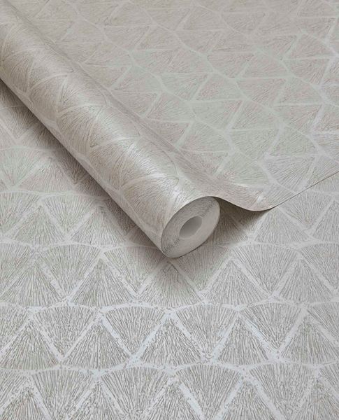 Fan Arch wallpaper by Eijffinger, rolled swatch in soft cream with a fanned arch geometric pattern and subtle pearly sheen