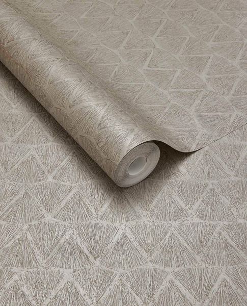 Fan Arch wallpaper by Eijffinger, flat roll swatch in warm greige showing the textured fanned-arch geometric design