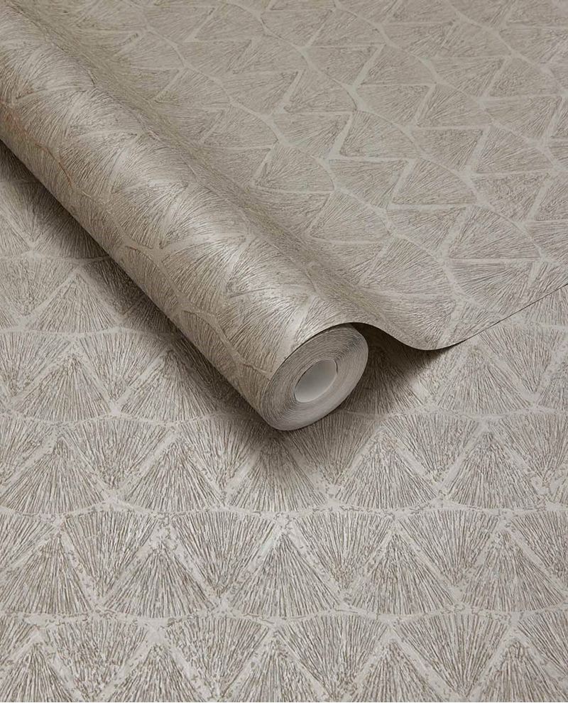 Fan Arch wallpaper by Eijffinger, flat roll swatch in warm greige showing the textured fanned-arch geometric design