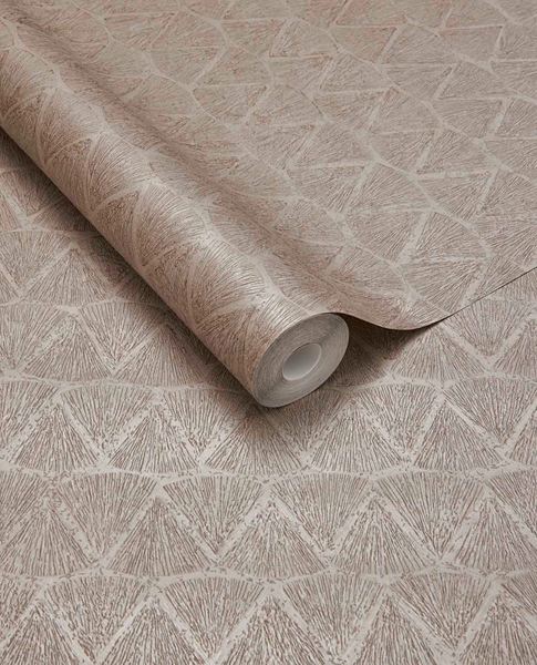 Fan Arch wallpaper by Eijffinger, rolled swatch in soft blush taupe with a metallic fanned arch pattern