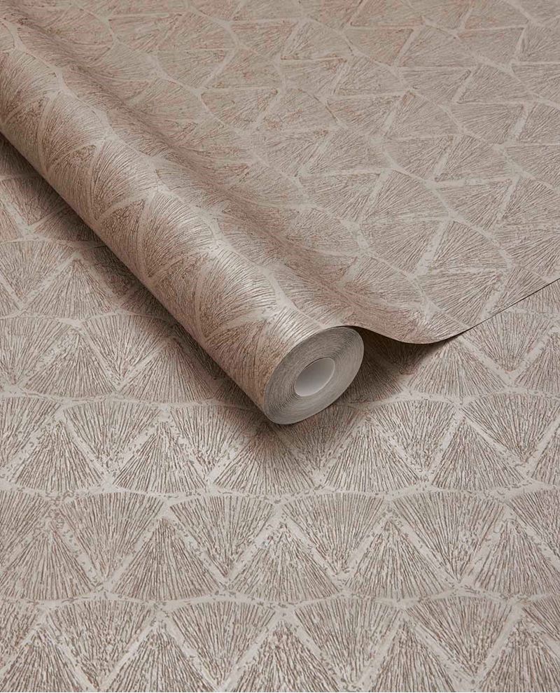 Fan Arch wallpaper by Eijffinger, rolled swatch in soft blush taupe with a metallic fanned arch pattern