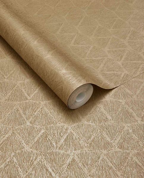 Fan Arch wallpaper by Eijffinger, rolled swatch in golden sand beige showing the shimmering fanned arch design