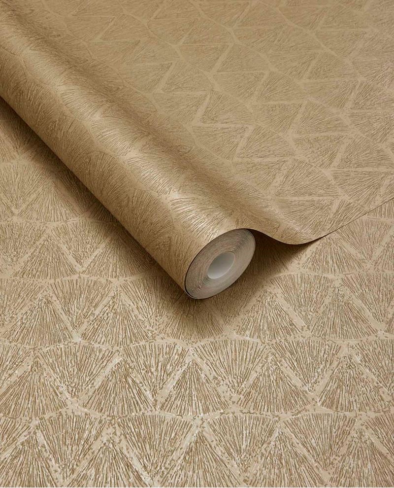 Fan Arch wallpaper by Eijffinger, rolled swatch in golden sand beige showing the shimmering fanned arch design